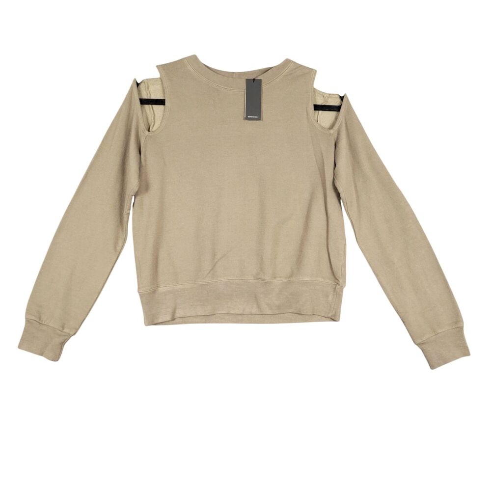 NWT MONROW Tan Cold Shoulder Sweatshirt Sporty Athleisure Comfort USA SIZE SMALL